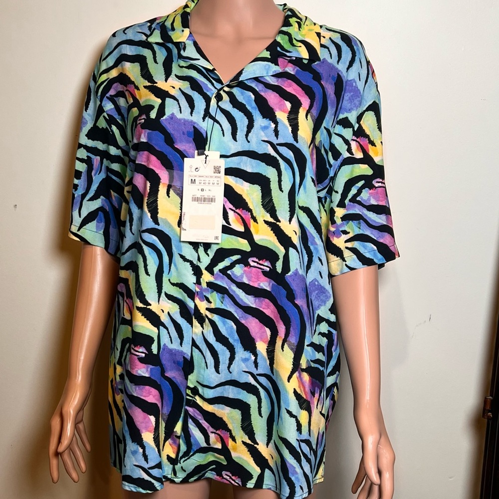 Zara Womens Top Colorful Tiger Print Medium Short‎ Sleeved Viscosa Lightweight😊